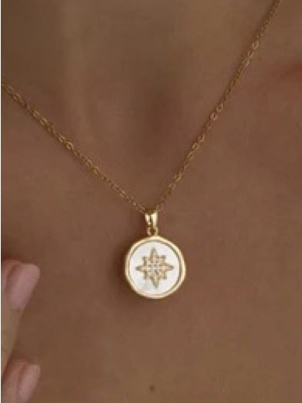 Adina Eden Gold Starlight Necklace with White Enamel Triple A CZ Star Medallion